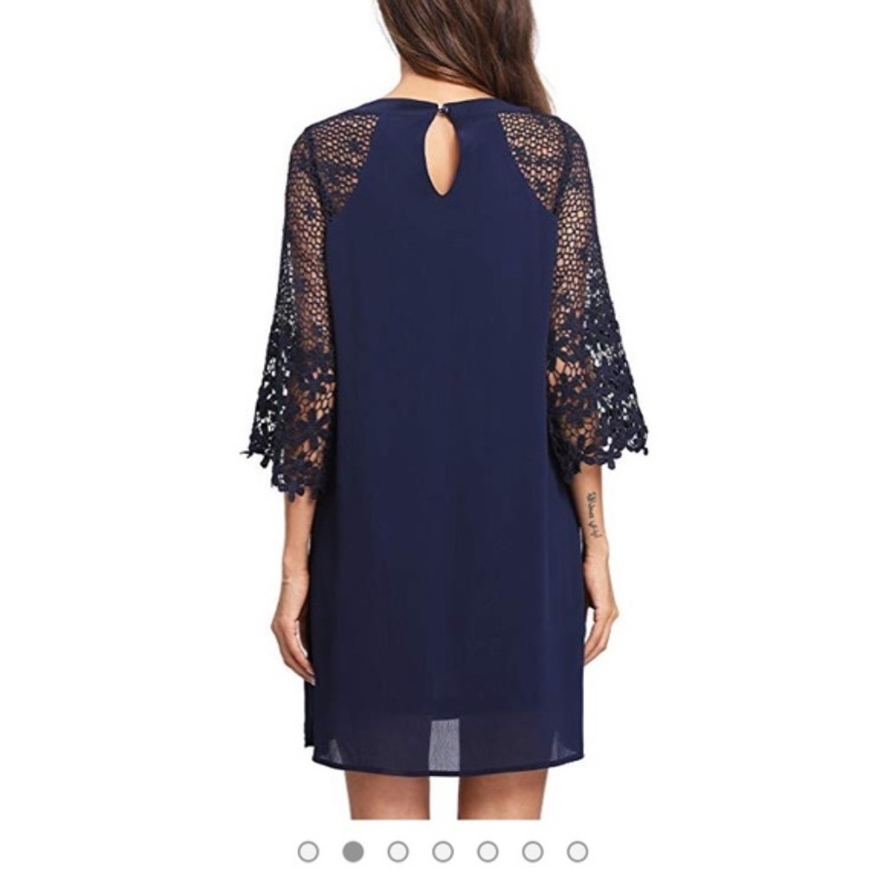 Navy Chiffon Dress with Lace Sleeves